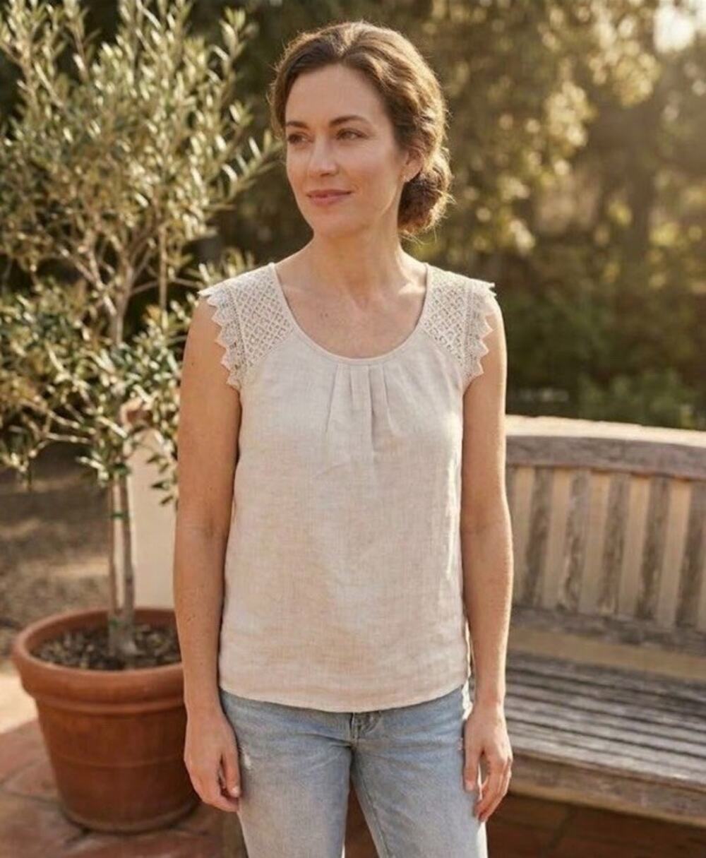 Sunflower Tunic Top Blouse Women Size M 100% Linen Lace Detail, Made In Italy